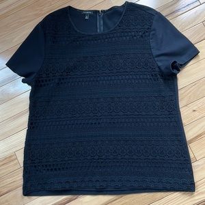 Talbots XL Jet Black Cotton Blend Top w Lace Overlay